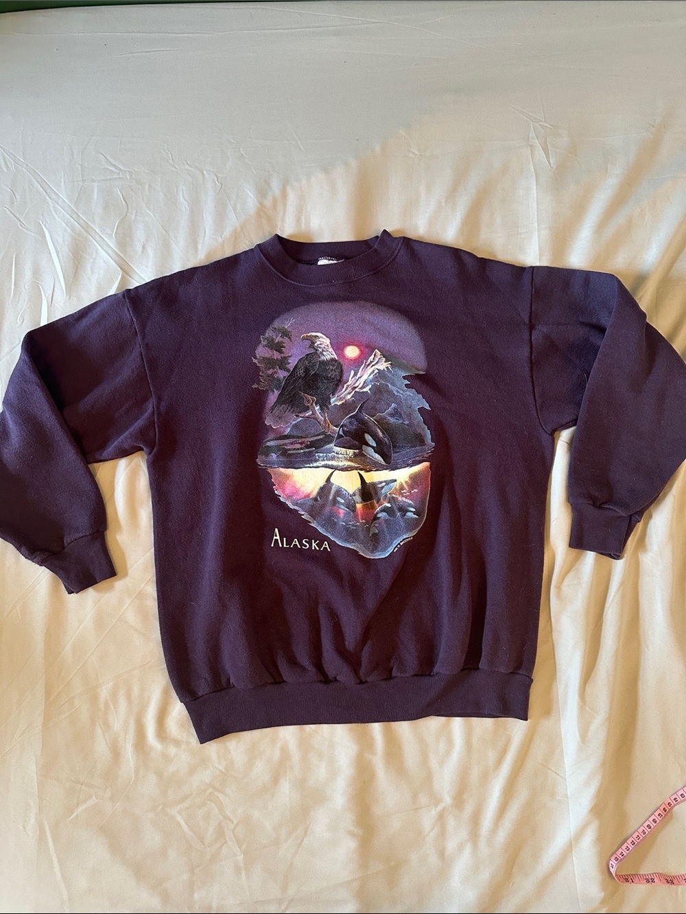 Tultex Dark Purple Vintage Alaska Graphic Crewneck Sweatshirt Bald Eagle & Orcas